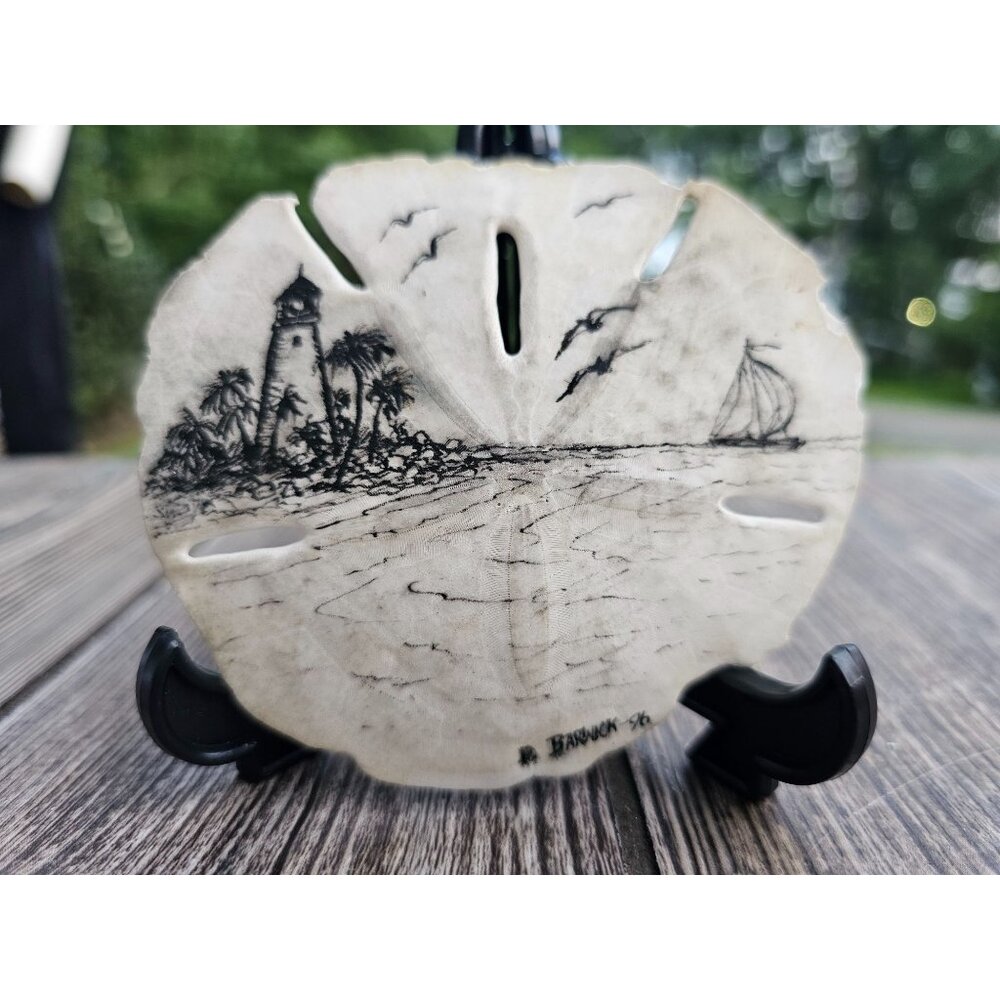 Vintage 1996  Hand Drawn /  Painted  / Decorated Sand Dollar. Stand Included